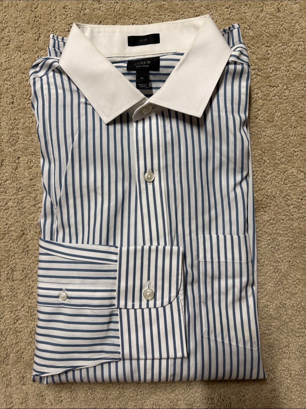 J. Crew Men’s Blue and White Striped Dress Shirt with Contrast White Collar